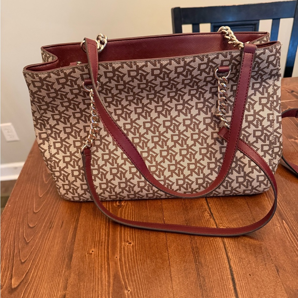 DKNY Tote Bag in Brown and Cream with Gold Chain Straps